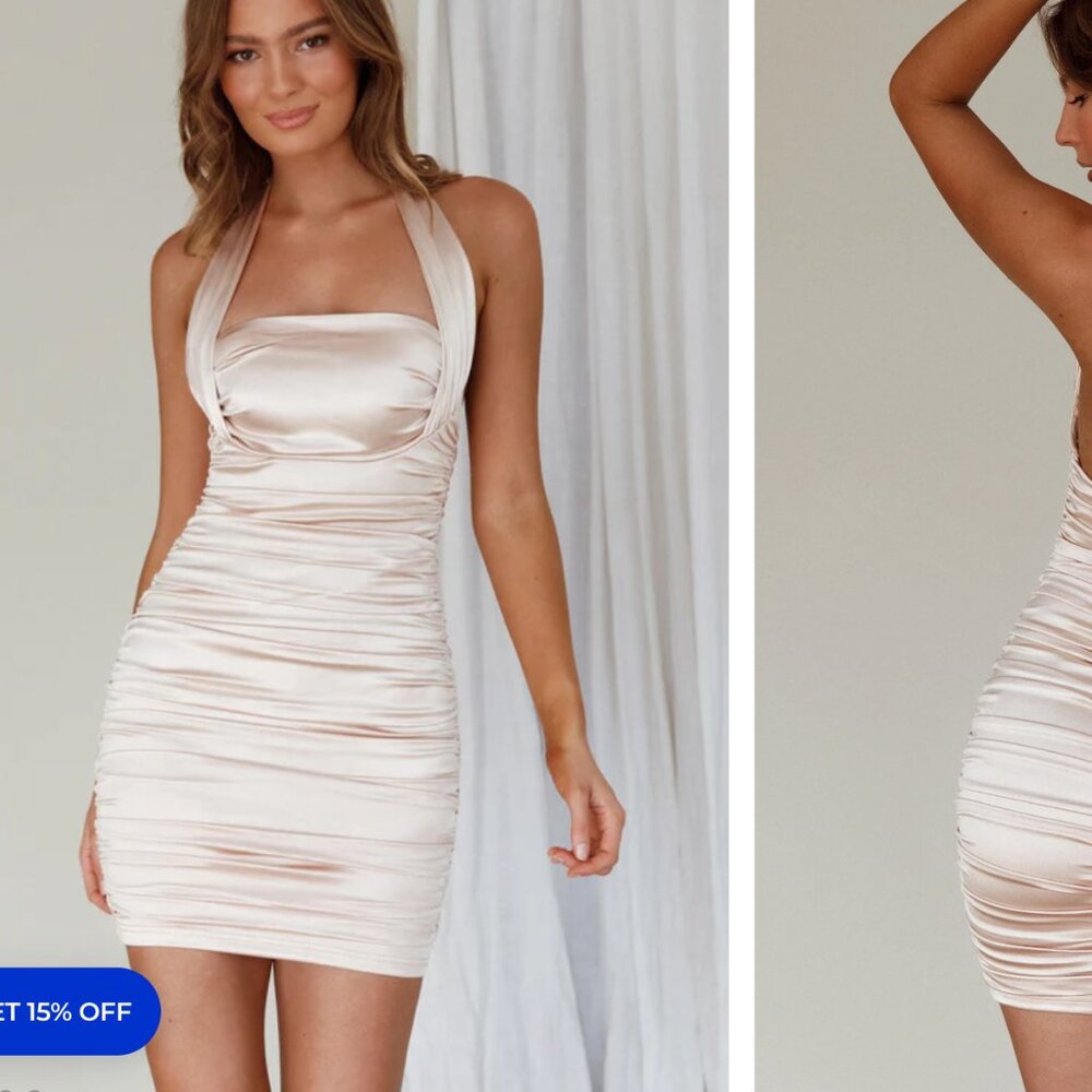 Gaia Ruched Halterneck Mini Dress Champagne